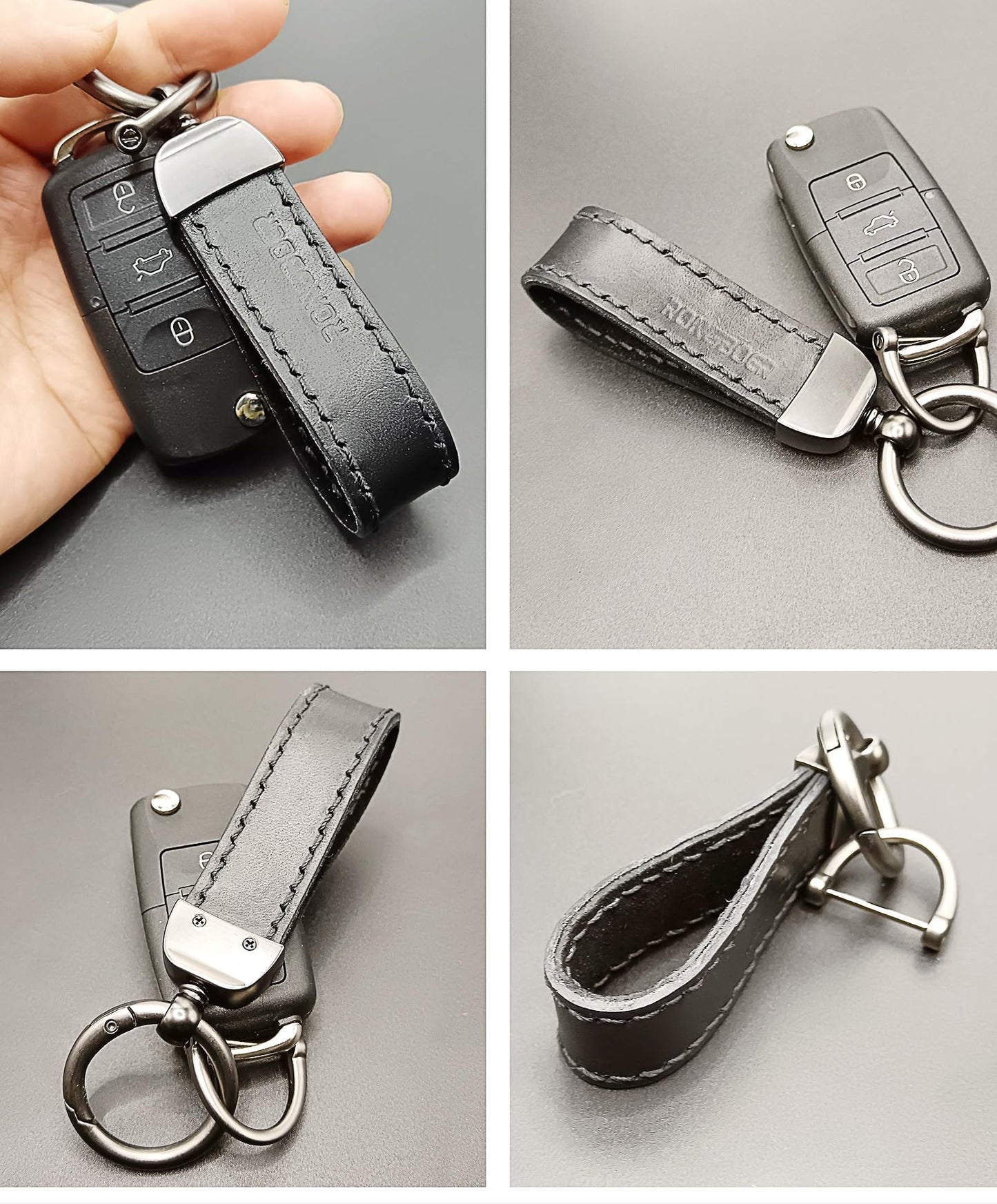 RONGBOER Handmade Double-Sided Cowhide Leather Keychain,Unique Car Key Chain Accessory,Vegetable-Tanned and Nubuck Leather,R07 (black)