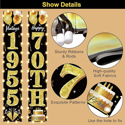 70th Birthday Decorations Lighted Banner for Men and Women - Black Gold Vintage 1955 70th Birthday Door Banners with LED Light, Seventy Years Bday Party Supplies for Indoor Outdoor Decor