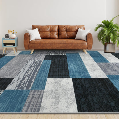 Large Area Rugs,Modern Geometric Patchwork Floor Decor for Bedroom Aesthetic Carpet, Rockwood Collection, Indoor Rugs for Living Room, Dining Room, Nursery, Office, Machine Washable Rug,5x8 Ft Blue