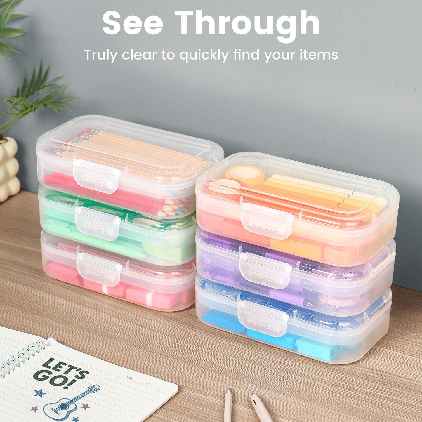 Sooez 6 Pack Pencil Box, Plastic Pencil Case Holder with Latch, Clear Crayon Box Marker Organizer, Large Craft Storage Boxes, Stackable Storage Containers for Art School Supplies