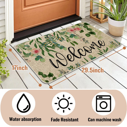 ORTIGIA Welcome Doormat Summer Eucalyptus Leaves Floral Doormat Outdoor Outside Indoor Entrance Mat Non-Slip Durable Absorbent Easy Clean Entryway 17x29 Inch