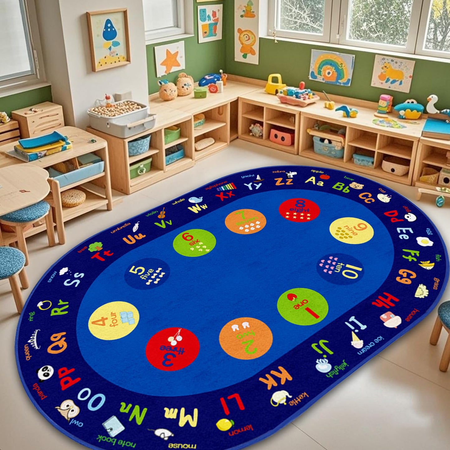 Large Oval Classroom Rug, 6×9Ft ABC Rugs for Kids Playroom, Education Classroom Circle Time Carpet Elementary for Learning Alphabet, Numbers, Words, Area Preschool Playmat for Daycare Kindergarten
