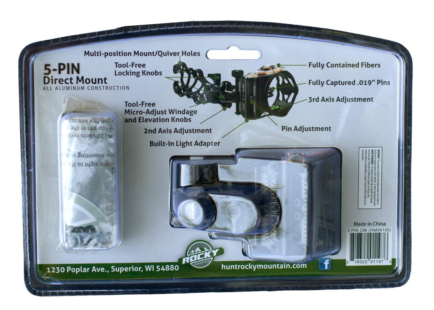 Mountain Rocky Direct Mount 5-Pin Bow Sight - .019” Pins, All Aluminum Construction, 2nd & 3rd Axis Adjustable, Tool Free Micro Adjust Windage & Elevation Laser Etched Markers, Built-In Light Adapter