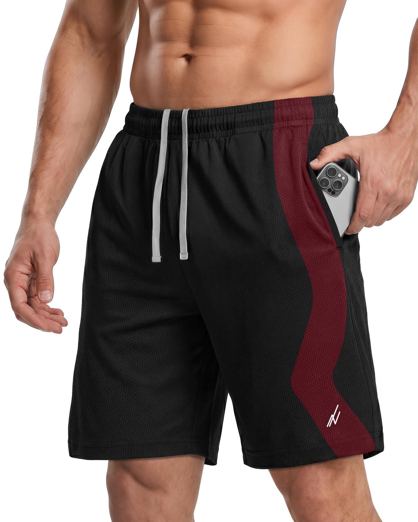 NY Threads Men's Athletic Shorts Quick Dry Loose-Fit Lightweight Running Workout Gym Shorts with Pockets, X-Large, Black Burgundy Panel