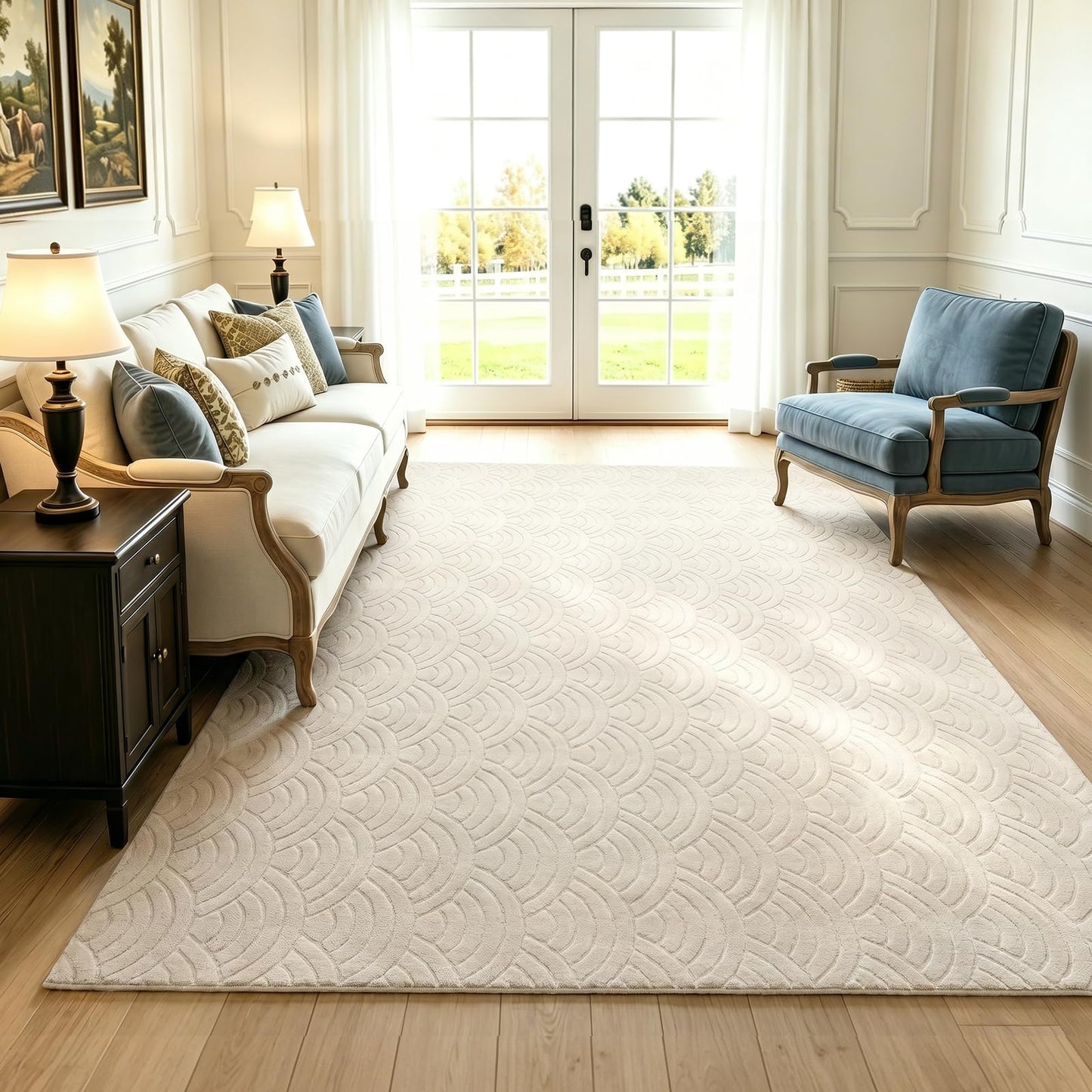 SHACOS Soft Cozy Fluffy Arch Waves Pattern High-Low Textured Area Rug 8'x10' Large Non Slip Washable Minimalist Rug Modern Graphic Rainbow Carpet for Living Room Bedroom Dining Room, Cream