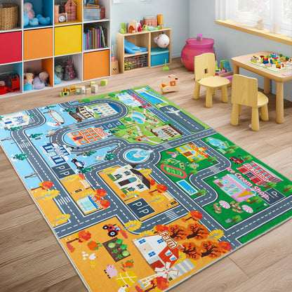 Car Rug for Kids Toy Cars, Town City Track Road Carpet Playmat with Non-Silp Backing, Traffic Playmat for Road Washable Rugs Four Seasons Theme Traffic Mat for Kids Room Bedroom Game Safe Area, 3'x4'