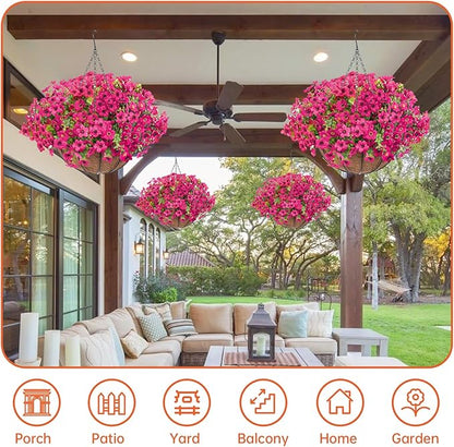 Artificial Hanging Faux Flowers Basket, Fake Silk Daisy Eucalyptus Plants Arrangement,for Spring Summer Outdoor Decoration,UV Resistant, Coconut Planter,Look Real for Home Garden Décor (Rosered)