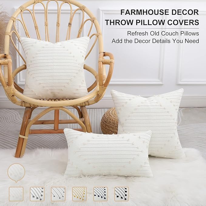 Mecatny Boho Outdoor Throw Pillow Covers 12X20 Set of 2, Farmhouse Lumbar Pillow Covers for Couch Sofa Living Room, Beige & Cream White