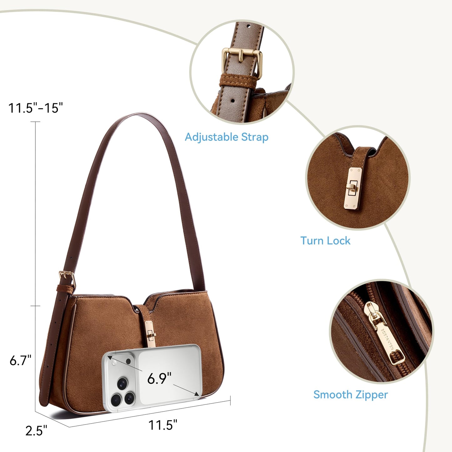 BOSTANTEN Shoulder Bag for Women, Casual Shoulder Purse Vegan Leather Chic Hobo Handbag with Adjustable Strap for Work Travel