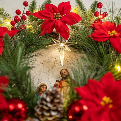 YULETIME 20" Pre-Lit Nativity Wreath, Battery Operated with 10 Fairy Lights, Holy Family Nativity Statue, Star of Bethlehem, Pine Cones, Red Poinsettia & Berries, Pine Needles (Nativity Poinsettia)