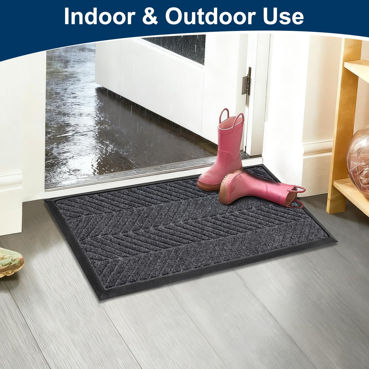 CATSH Non Slip Door Mat 29.5x17 Inch, Grey Chevron Dirt Trapping Entrance Mat, Rubber Low Profile Washable Indoor Outdoor Doormat for Entryway Garage Patio, Absorbent Stain Resistant Front Door Mat