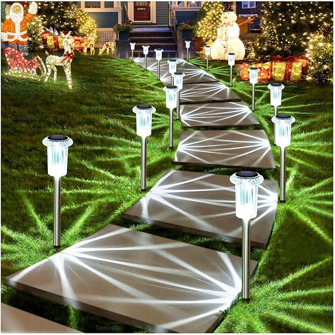 DenicMic Solar Lights Outdoor 10 Pack Waterproof 6000K Cold White LED Stainless Steel Stake for Pathway Yard Garden Driveway Solar Powered Outside Christmas Decor