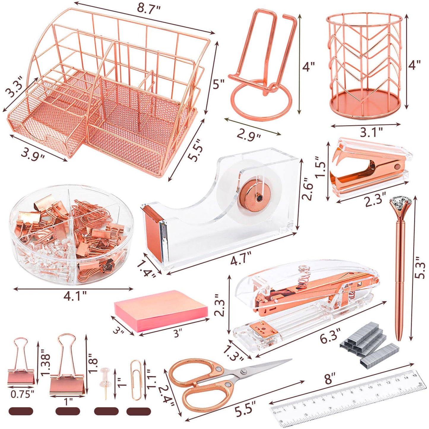 YOLOZAI Office Desk Organizers, Rose Gold 13PCS Office Supplies and Accessories Desk organizer, Acrylic Stapler, Staple Remover, Clips, Scissor, Phone Holder, Pen, Pen Holder (Rose Gold)