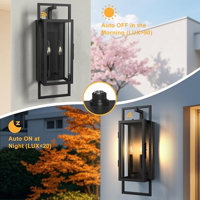 𝟐𝟏.𝟒𝟔𝐈𝐍 Outdoor Light Fixture, Dusk to Dawn Outdoor Lighting 2-Light, Waterproof Outdoor Wall Lights with Tempered Glass, Black Front Open Window Outdoor Lights for House Porch Patio