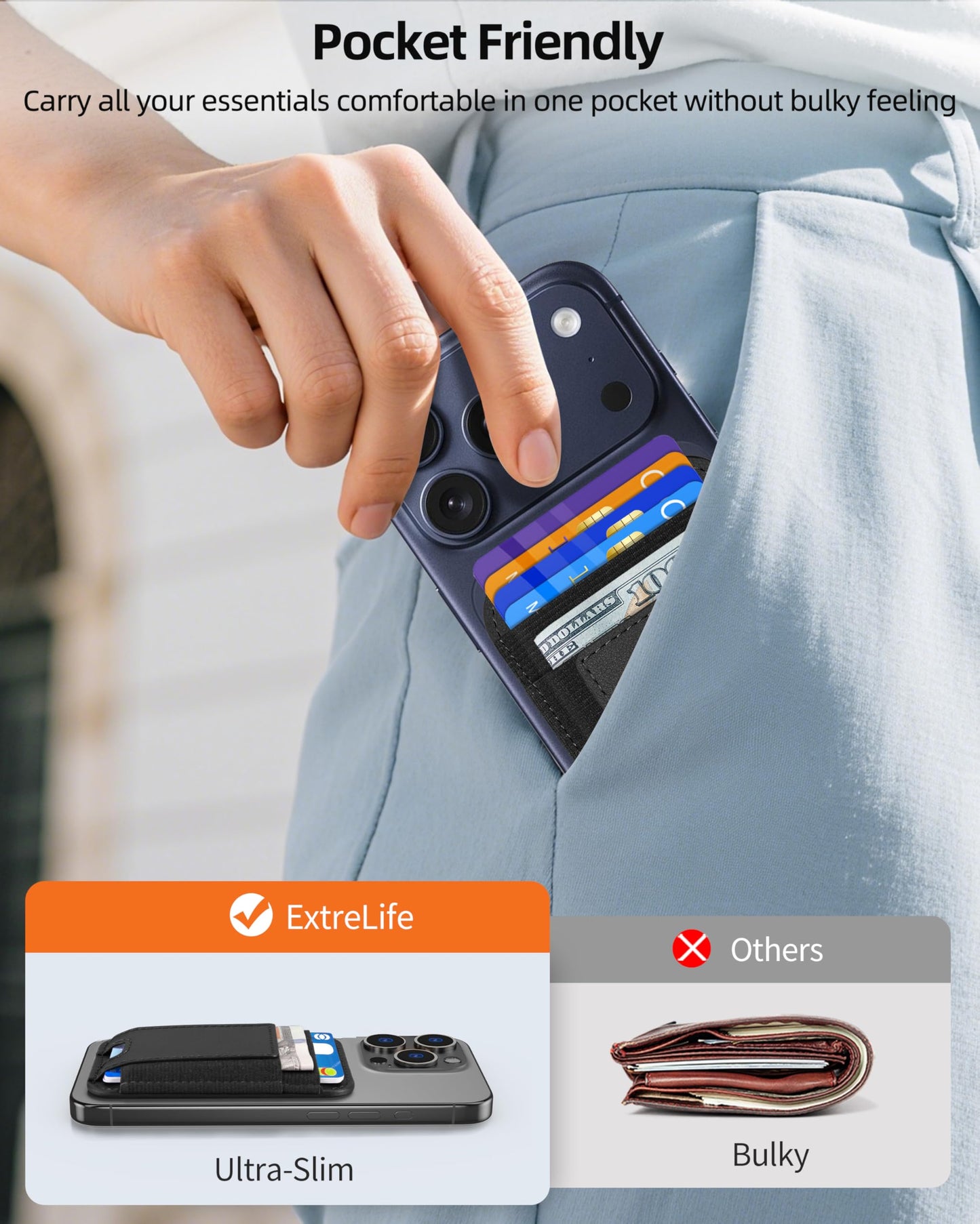 ExtreLife Upgraded for Magsafe Wallet, Strongest Magnetic Wallet for iPhone 17/16/15/14/13/12 Series, 7 Cards Holder, Magnetic Phone Wallets, Slim, 2 Card Slots, RFID Blocking, Vegan Leather, Black