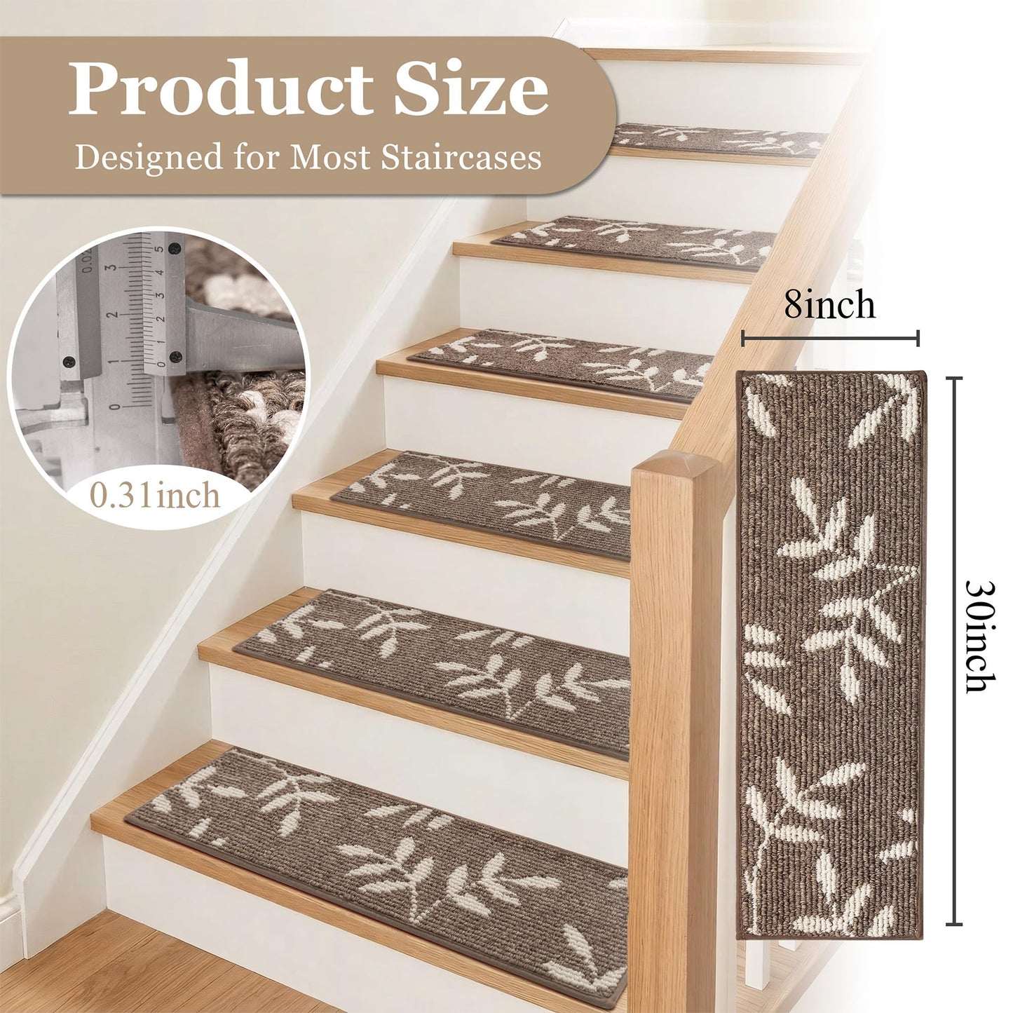 TANVILL Carpet Stair Treads, Non-Slip Stair Treads for Wooden Steps Indoor, 30”x8” Stair Runner for Pets Non Skid Wood Staircase Step Treads Reusable, Set of 15, Brown