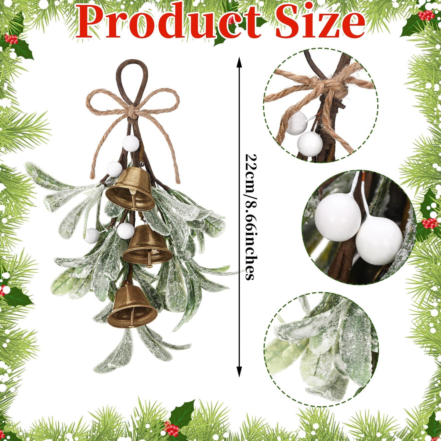 Tigeen Christmas Mistletoe Kiss Decor with Metal Bells and Bow Knots 8.6 Inch Artificial Christmas Mistletoe Hanging Ornaments for Xmas Party Tree Doors Walls Window Fireplaces Decorations(White)