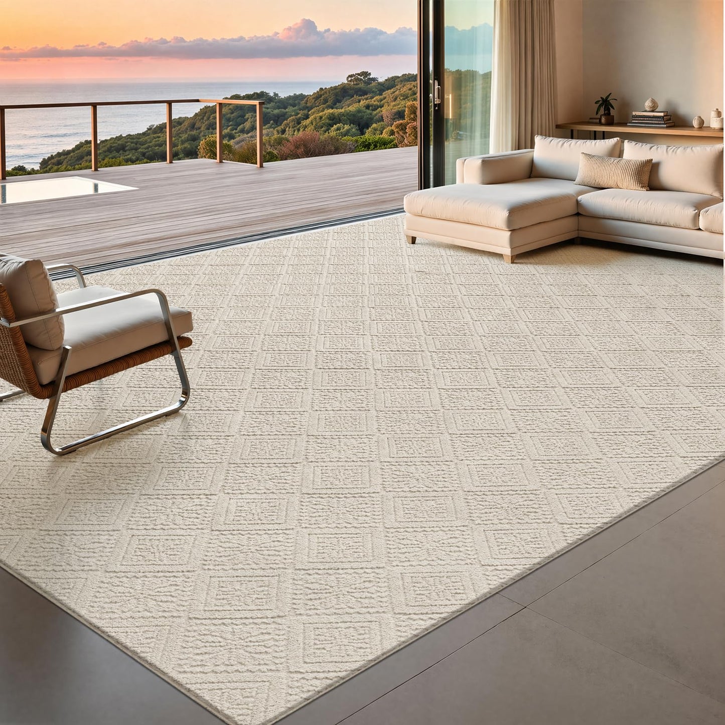 U'Artlines 9x12 Beige Washable Area Rug for Living Room, Soft Fluffy High Low Textured Carpet, Modern Neutral Geometric Non Slip Rugs for Bedroom Dining Room Kids Room