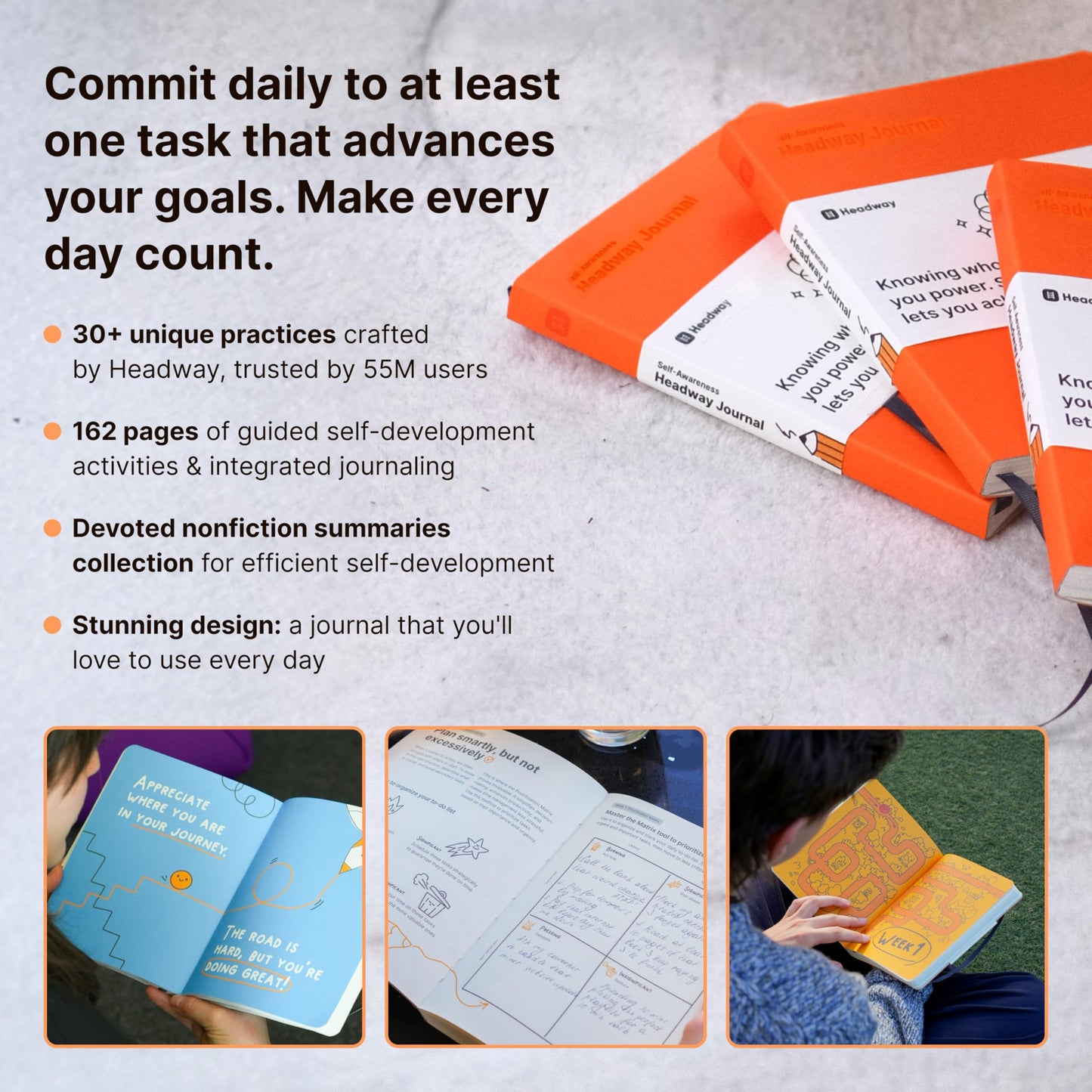 Headway Self-Awareness Guided Journal for Women, Daily Self-Care Planner with Prompts, Motivation Gratitude & Mental Health Journal, Leather Soft Cover Mindfulness Habit Tracker, 8.2" x 6.5", Orange