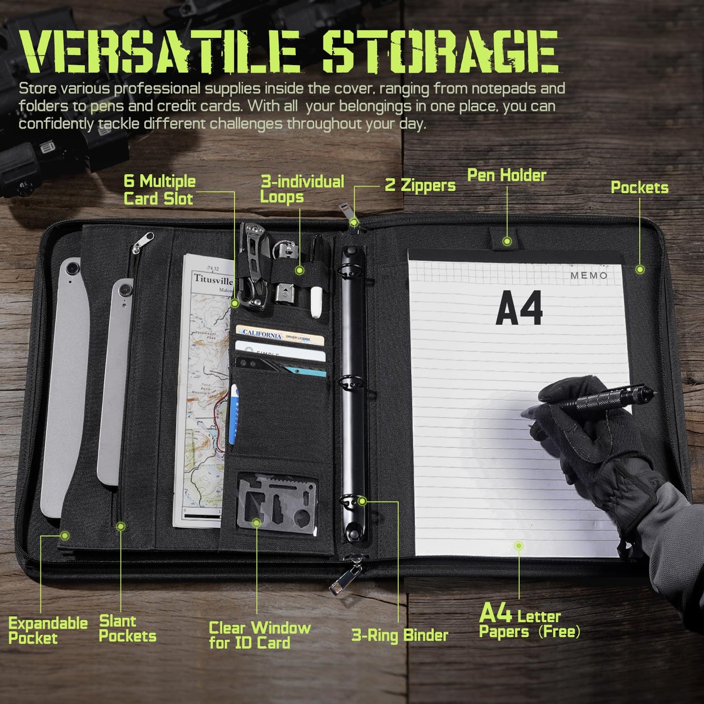Livans Portfolio Padfolio Binder Detachable 3-Ring Planner, Zip Tactical Notebook Cover with A4 Letter Paper, Multi-Pocket Carry Bag for Gift, Out-Work, Travels, Office & School