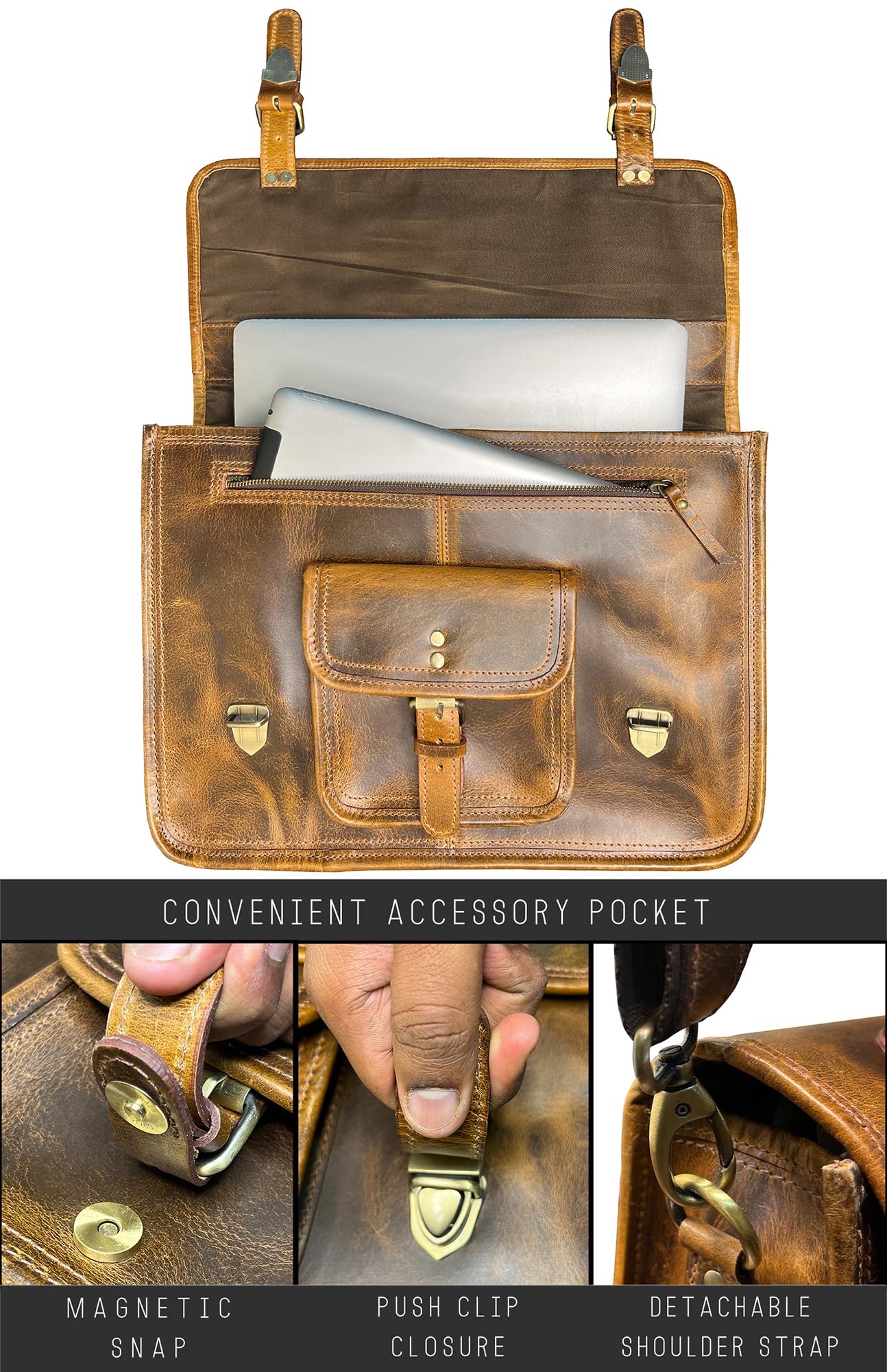RUSTIC TOWN Leather Messenger Bag for Men - Full Grain Leather Briefcase Laptop Satchel Office Crossbody Travel Bag (16 Inch, Brown)