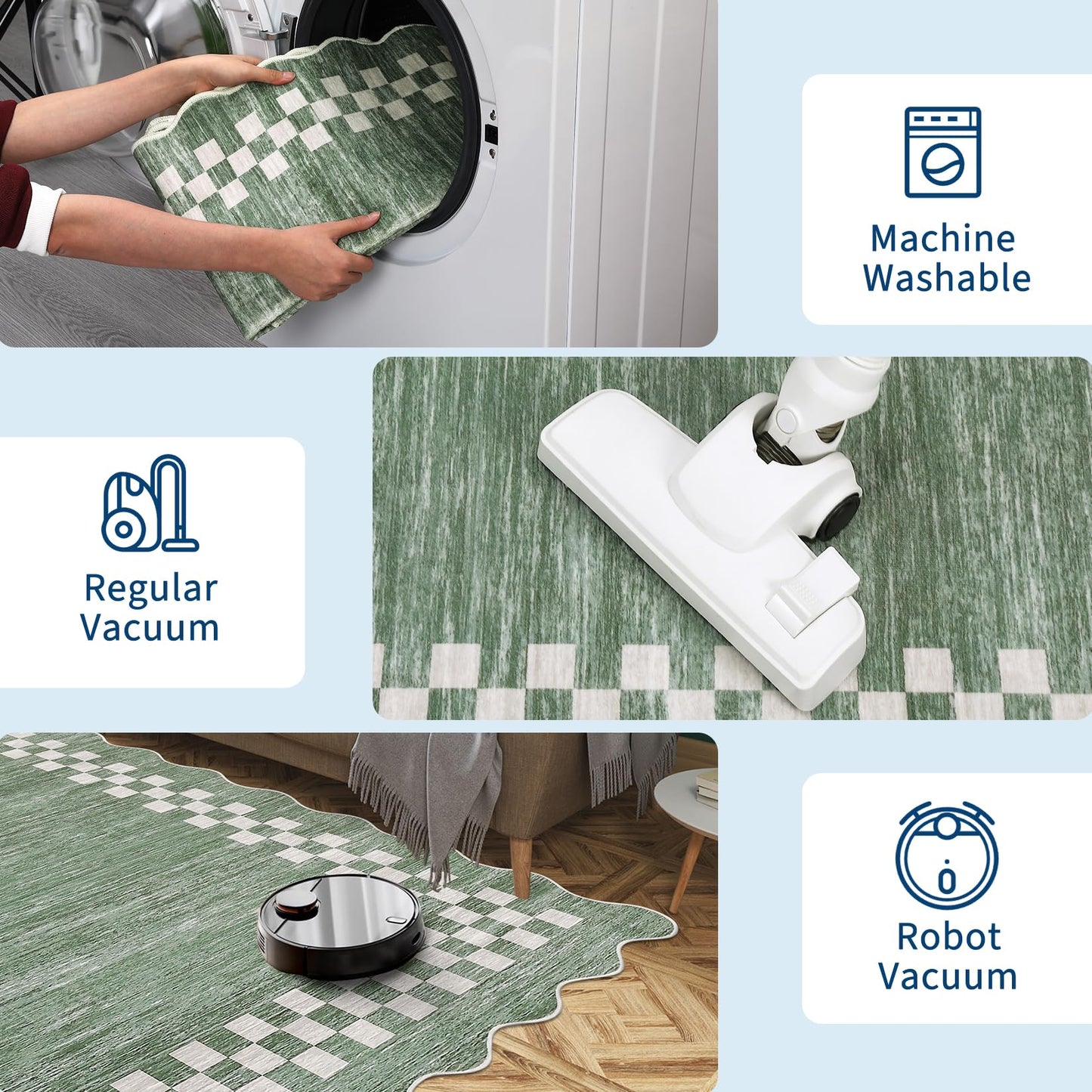 GarveeHome Washable Rug 5x7 for Living Room Large Bedroom Scalloped Rug Non Slip Stain Resistant Modern Border Throw Carpet Soft Boho Rug for Dining Room Nursery Home Office, Green