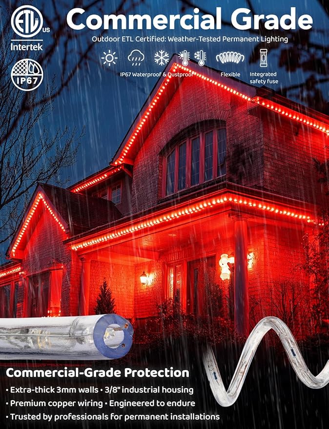 WYZworks 108LEDs 10ft LED Outside Rope Lights, Outdoor ETL Certified Waterproof Permanent 360 Degree Light Emitting, Flexible Tube, Connectable, Christmas Palm Tree Exterior Landscape, Red