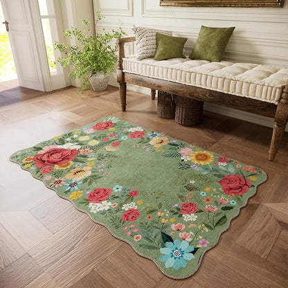 Washable Entryway Small Area Rugs: Door Mat Indoor Entrance 3x5 Floral Rug Ultra Thin Stain Resistant Non Slip Low Pile Lightweight Carpet for Kitchen, Front Door, Kids Room Decor (Green)