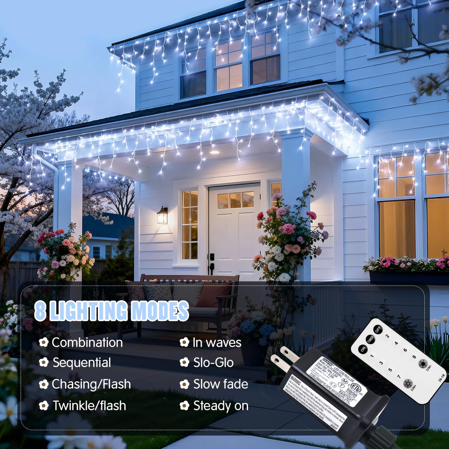 JMEXSUSS 400 LED White Christmas Icicle Lights, 38.8ft Connectable Icicle Lights for Outside Outdoor Indoor Plug in, String Light for House Patio Party Room Holiday Christmas Decorations