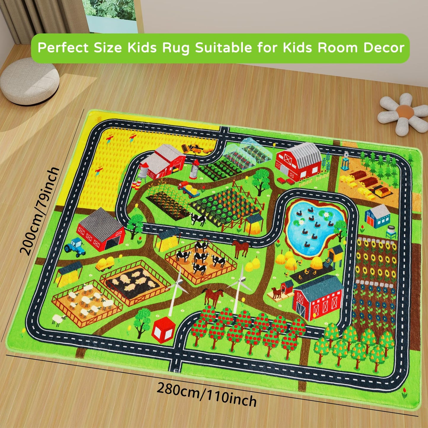Mfmiudole Kids Rug for Car Toy Farm Track View, Large Play Rug 6'7" x 9'2" with Road Traffic Play Carpet Washable Educational Mat for Toddler Playroom Classroom Nursery (1-Farm Life, 110"×78.7")