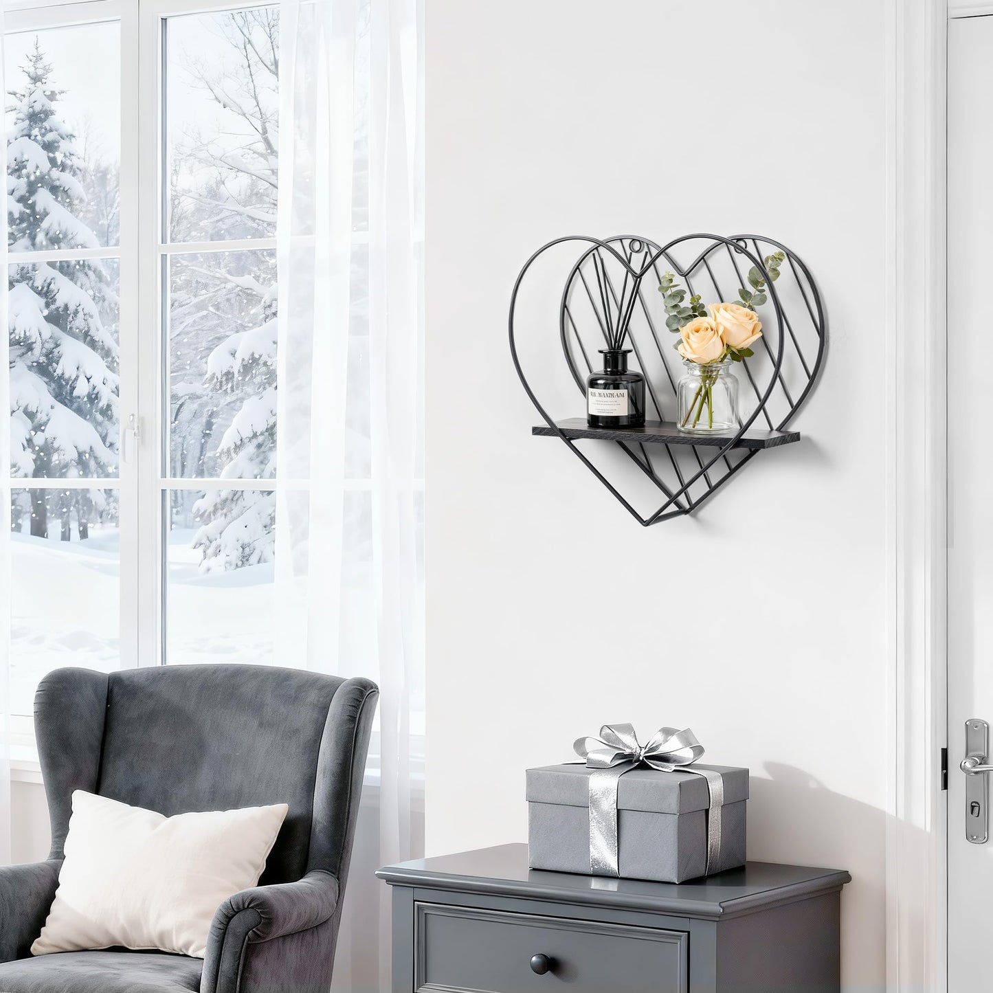 Afuly Floating Shelves - Black Wall Shelf, Heart Shaped Modern Minimalist Storage Rack Organizer for Bedroom, Bathroom, Living Room Home Decor
