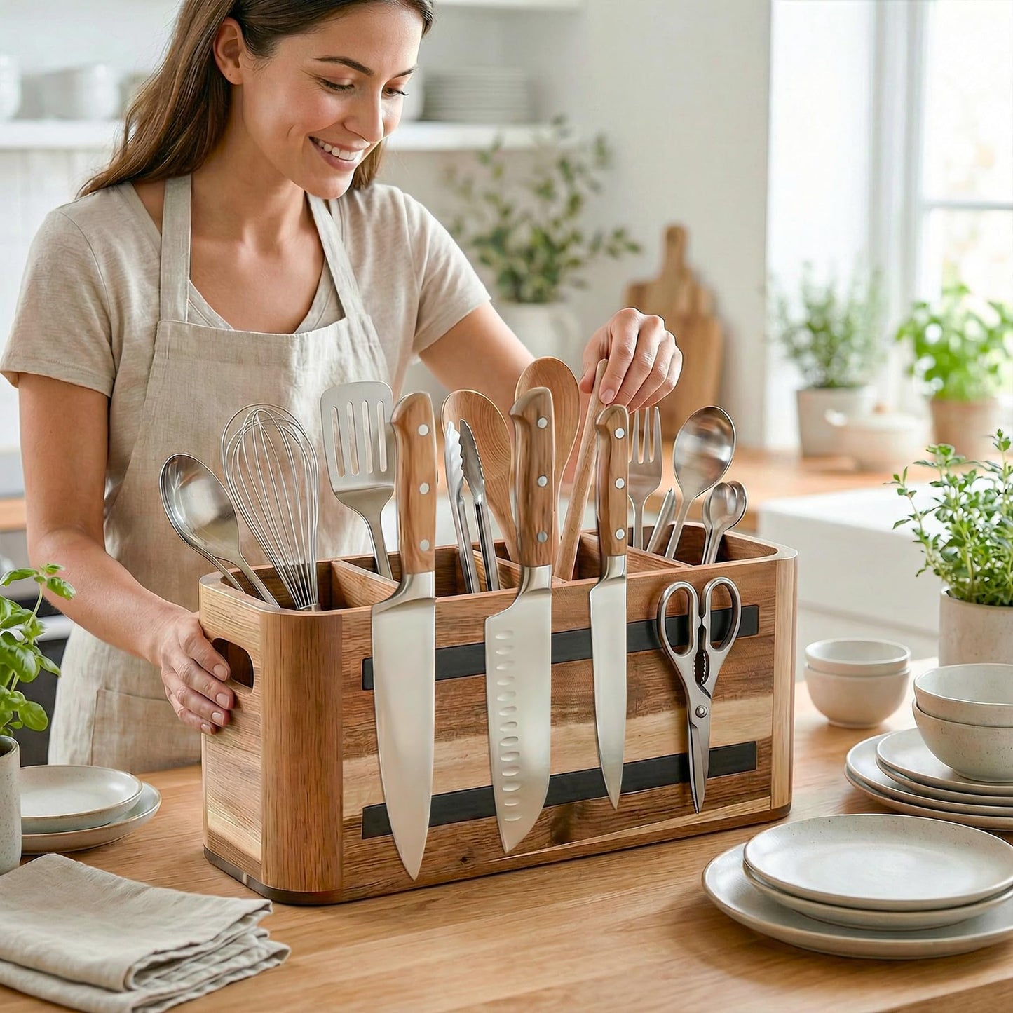 Eclove Acacia Wood Utensil Holder for Kitchen Countertop, Extra Large Wooden Utensil Organizer with Magnetic Knife Strip, 4 Compartment Farmhouse Kitchen Tool Caddy and Silverware Storage