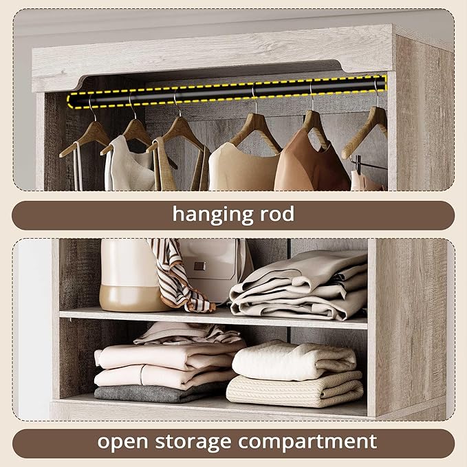 IRONCK Freestanding Closet System with 3 Wood Drawers, Modern Armoire Wardrobe with Adjustable Shelves & Hanging Rod, Walk-in Closet Systems Organizer for Small Closet, Rustic Maple
