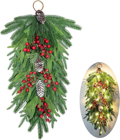 2025 Upgraded 26inch Christmas Swag with Lights Lush Norfolk Pine Teardrop Swags Christmas Wreaths with Lights Greenery Stairway Swags Staircase Decorations for Door Indoor Outdoor Home Hanging Décor