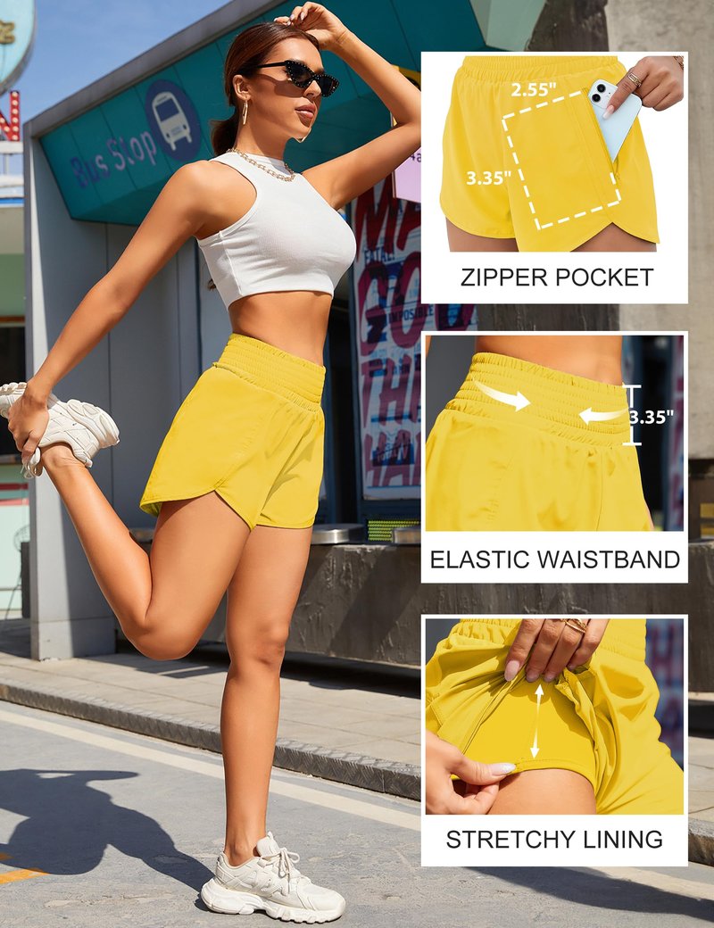 BMJL Women's Athletic Shorts High Waisted Running Short Pocket 2.5" Sporty Shorts Gym Elastic Workout Shorts(XL,Bright Yellow)