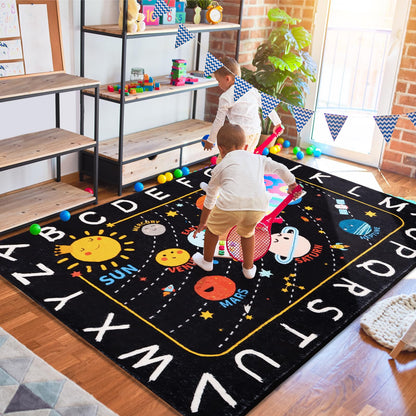 Outer Space Kids Rug,3'3" x 4'11" ABC Alphabet Educational Kids Rugs for Playroom,Non Slip Solar System Galaxy Planets Playroom Rug,Washable Area Rug Carpet for Classroom Kid Room Decor(for Age 2+)