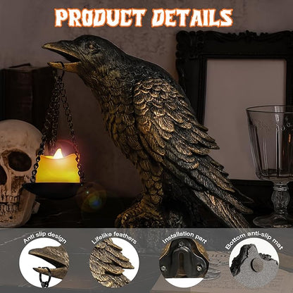 Halloween Decorations Outdoor Indoor Gothic Crow Wall Decor Table Candle Holder Raven Tealight Statue for Yard Patio Garden Bedroom Wearing Gold
