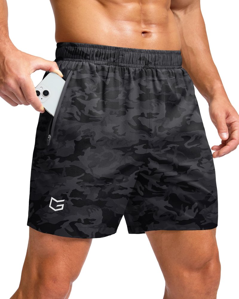 G Gradual Men's Athletic Running Shorts with Zipper Pockets Quick Dry 7"/ 5"/ 9" Workout Gym Shorts for Basketball Hiking(Grey Camo,5M)