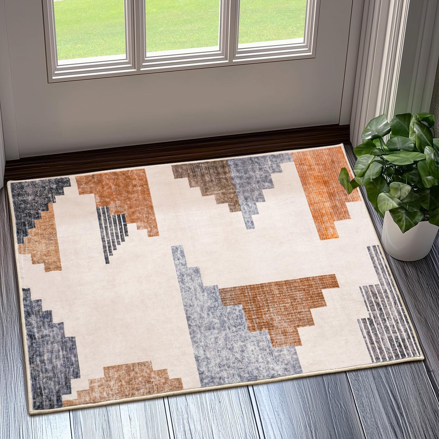 Dssimo Geometric Abstract Area Rug, Pyramid Ladder Design Modern Blue and Brown Rugs, Low Pile Carpet, Home Office Decor Contemporary Accent Throw Rug for Bedroom Kitchen Entryway Bathroom, Blue 2x3