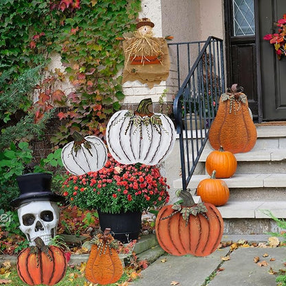 Metal Pumpkin Stakes Yard Signs Fall Decor Decorative Garden Stake Lawn Pumpkins Ornaments Outdoor Autumn Decoration for Harvest Halloween Thanksgiving (26" H White x2)