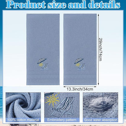 2 Pcs Beach Chair Hand Towels Slate Blue Bathroom Decor 14x29 Inch Embroidered
