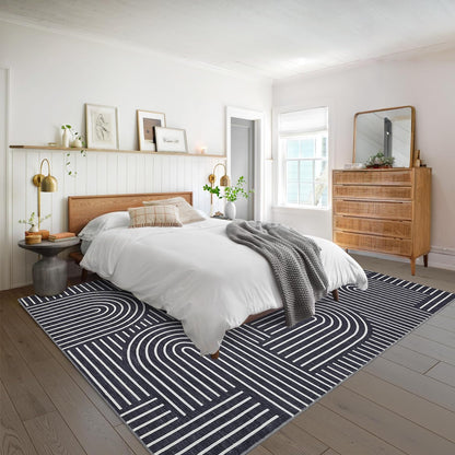 ROYHOME Washable Rug 5x7 Area Rugs for Living Room, Abstract Rug for Bedroom, Soft Rainbow Non Slip Throw Rugs with Rubber Back, Low Pile Stain Resistant Boho Geometric Carpet for Dining Room, Black