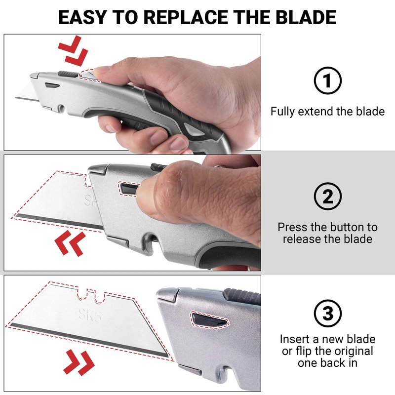 Box Cutter Retractable with Built-In Blade Storage & Wire Stripper, Heavy-Duty Utility Knife safety, Metal Alloy Body, Ergonomic Non-Slip Rubber Grip, Quick Change Blade Razor Knife (Matte Gray)