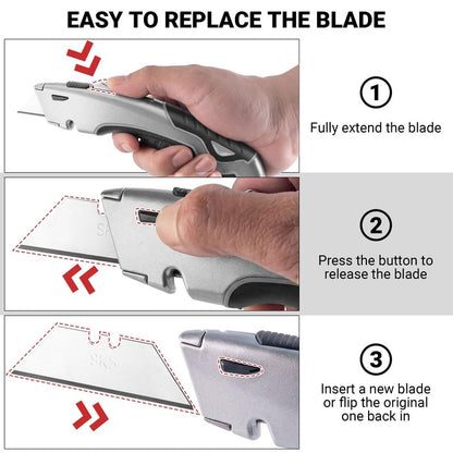 Box Cutter Retractable with Built-In Blade Storage & Wire Stripper, Heavy-Duty Utility Knife safety, Metal Alloy Body, Ergonomic Non-Slip Rubber Grip, Quick Change Blade Razor Knife (Matte Gray)