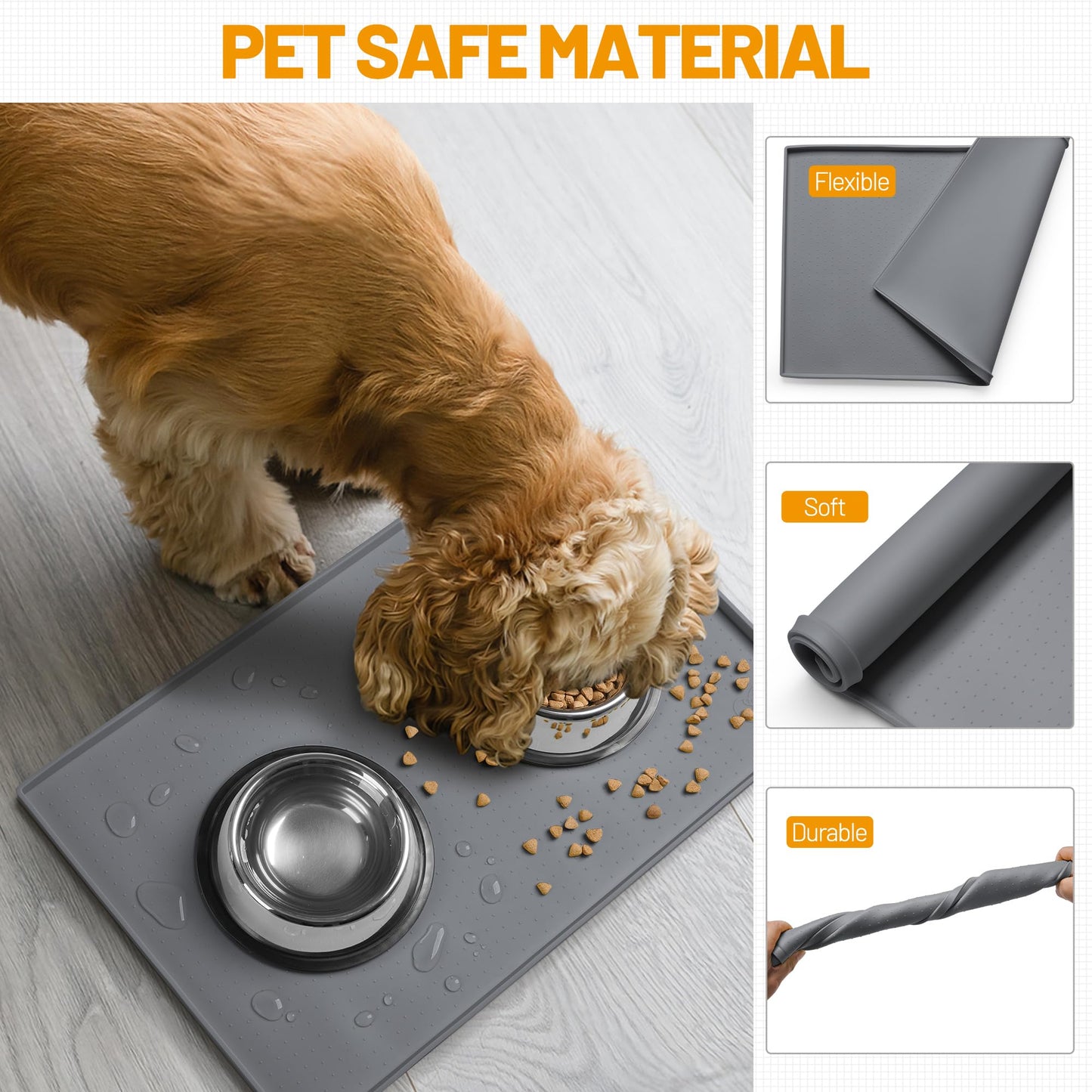 Hubulk Dog Feeding Mat,100% Waterproof BPA Free Silicone Pet Food and Water Bowl Placemat,Dishwasher, High Raised Edge to Prevent Spills,Nonslip Tray to Stop Messes on Floor (19"x12"x0.5", Grey)