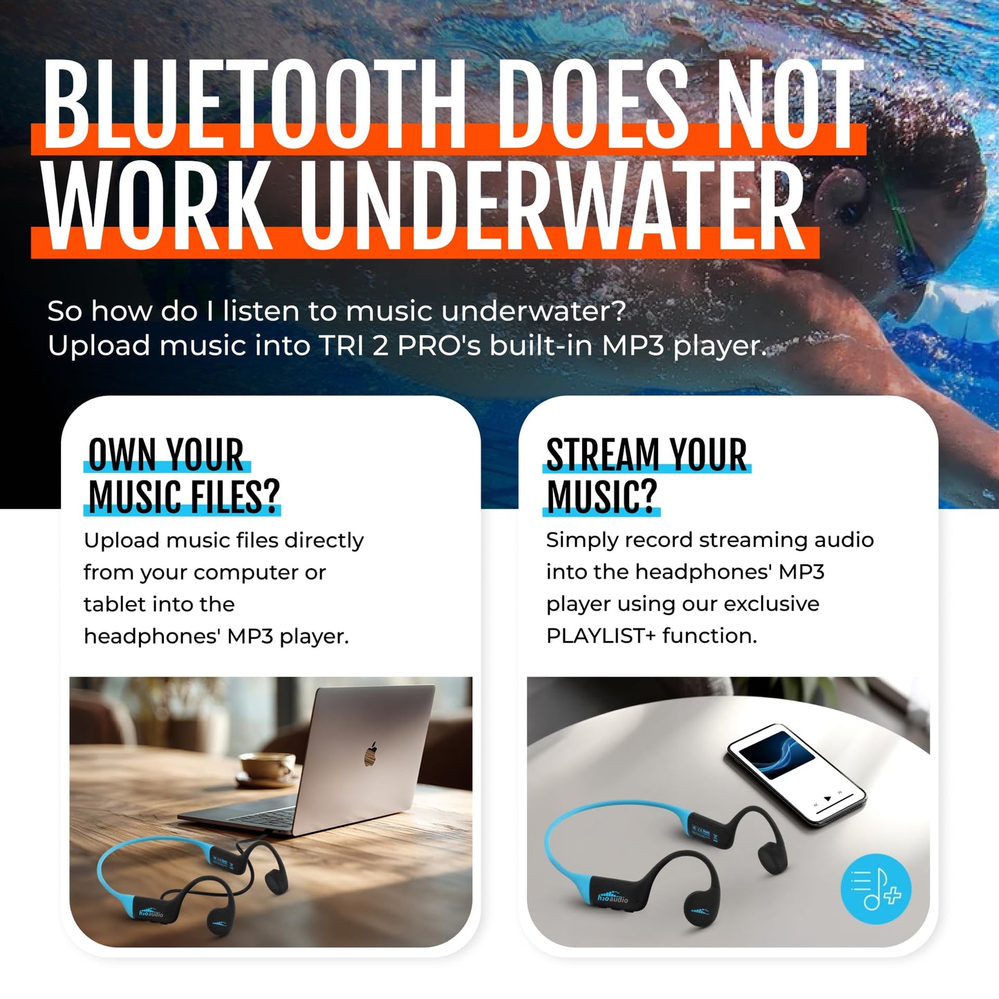 H2O Audio TRI 2 PRO Multi-Sport Waterproof Bone Conduction Open Ear Headphones, Bluetooth 5.3 for Running and Cycling, MP3 Mode for Swimming, IPX8, 8GB Memory, Playlist+ App Included for Streaming