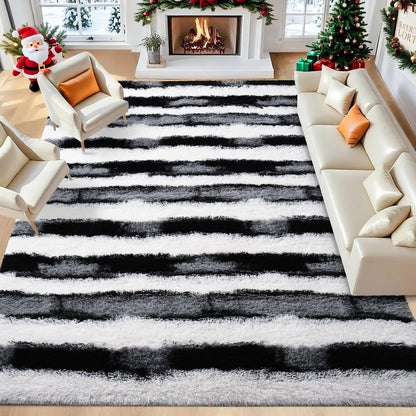 Woottpe Black and White Rugs for Living Room Bedroom, 4x6 Fluffy Soft Plush Area Rugs with Non-Slip Backing, Modern Striped Shag Fuzzy Carpets for Kids Playroom Nursery Dorms Home Decor