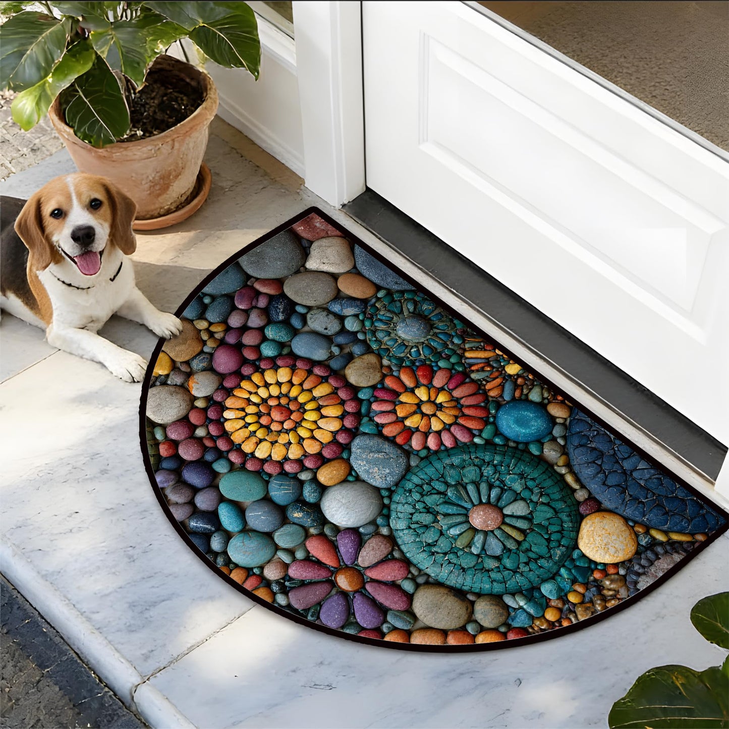 NYZE Semi Circle Door Mat Half Round Welcome Mat Non Slip Low-Pile Absorbent Half Circle Entryway Rug for Bathroom Bedroom Laundry Room(Pebble Floral, 24"×36")