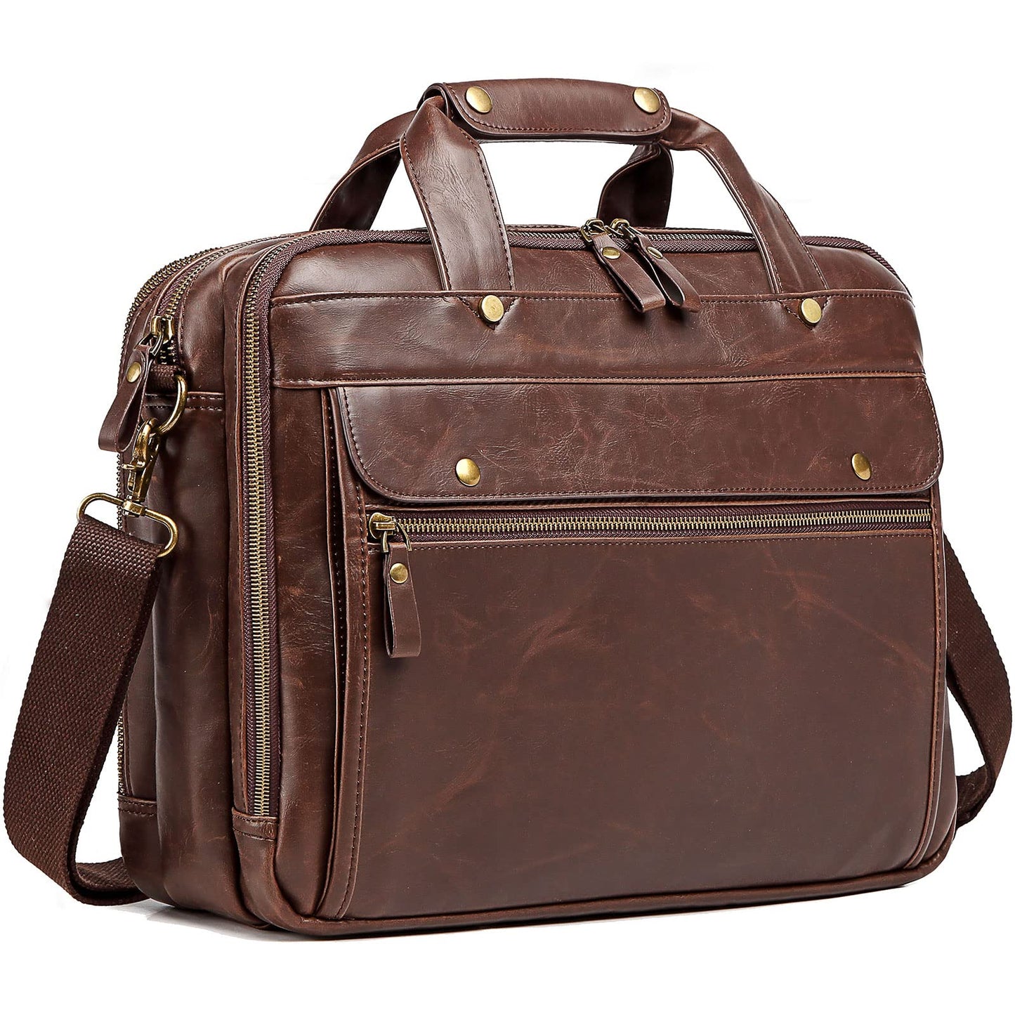 Bosidu Leather Briefcases for Men 15.6 Inch Laptop Messenger Bag with Triple Compartments Water-Resistant Computer Shoulder Bag for Business, Travel, Work, Office, Brown