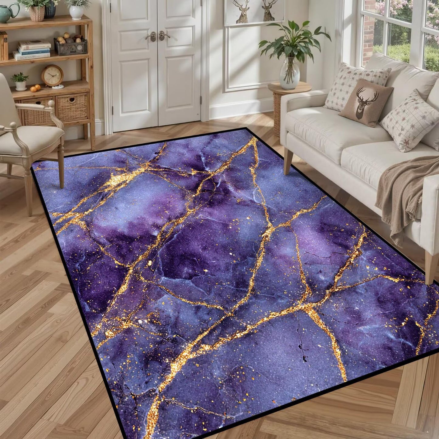 FUYEUN 5' x 7' Marble Area Rug Morden Abstract Throw Rugs for Classroom Bedroom Dorm Living Room Home Teens Carpet Home Decor Washable, 63" x 83", Purple and Gold